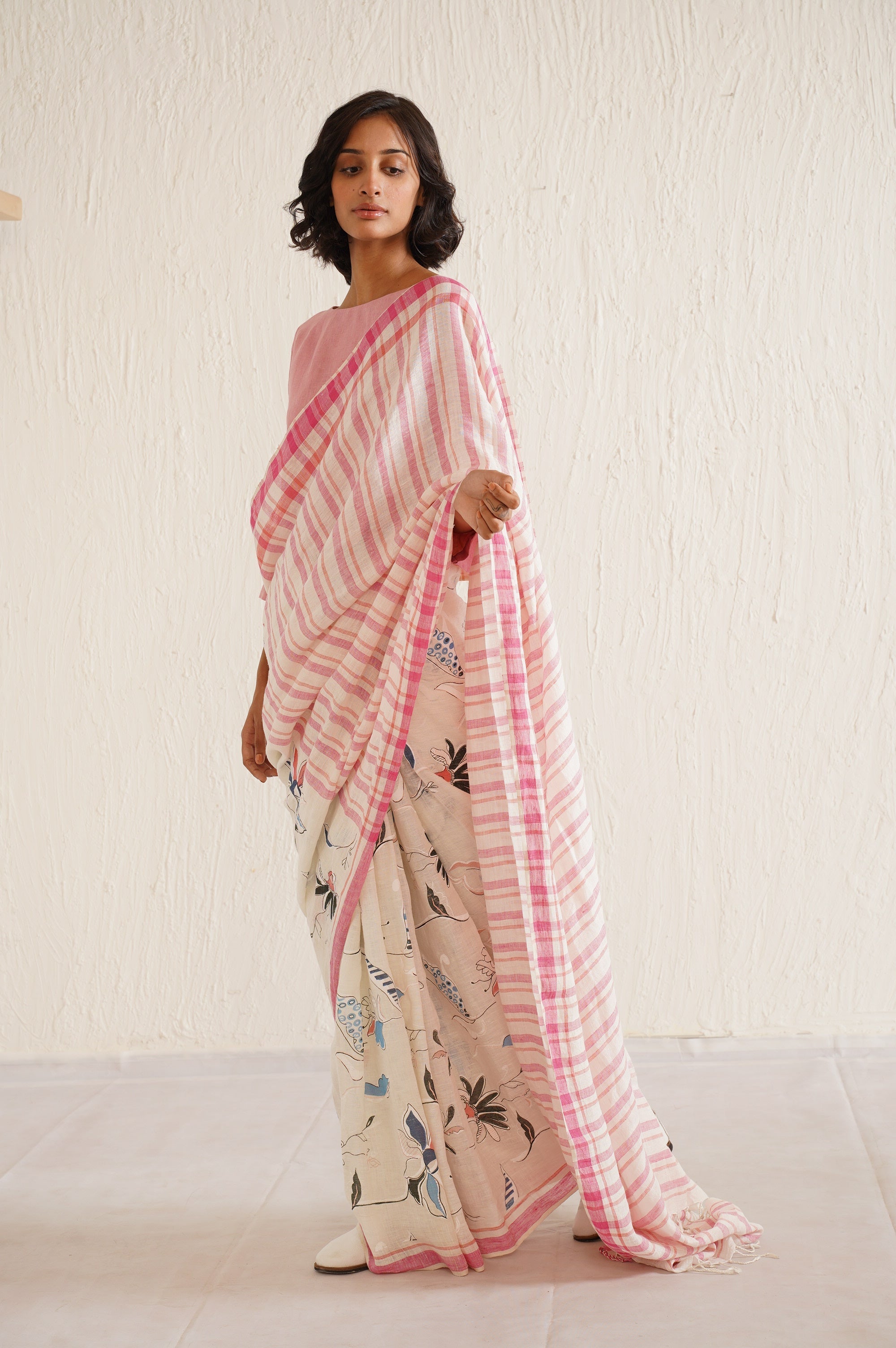 WHITE & PINK CHINTZ SAREE