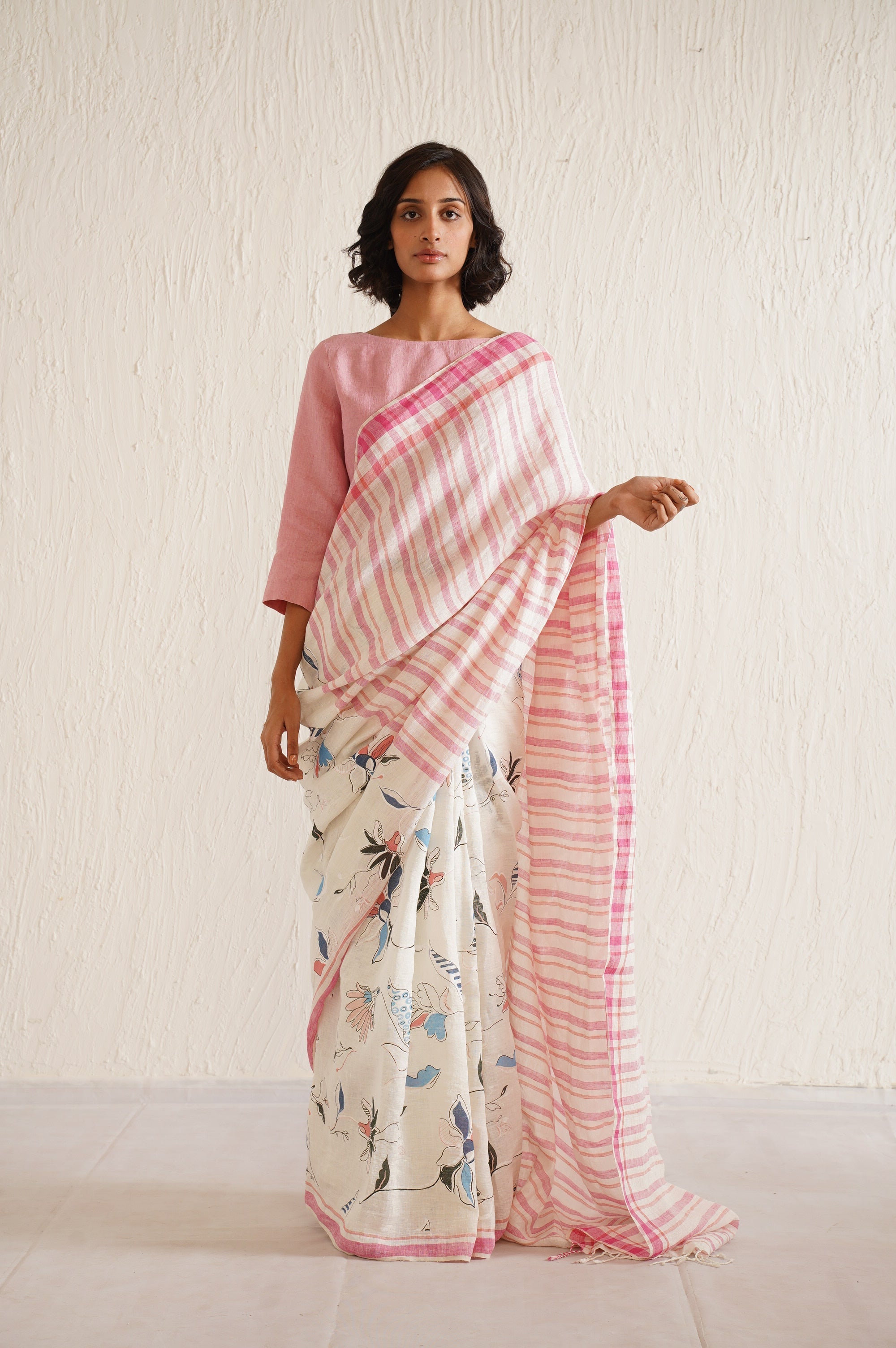 WHITE & PINK CHINTZ SAREE