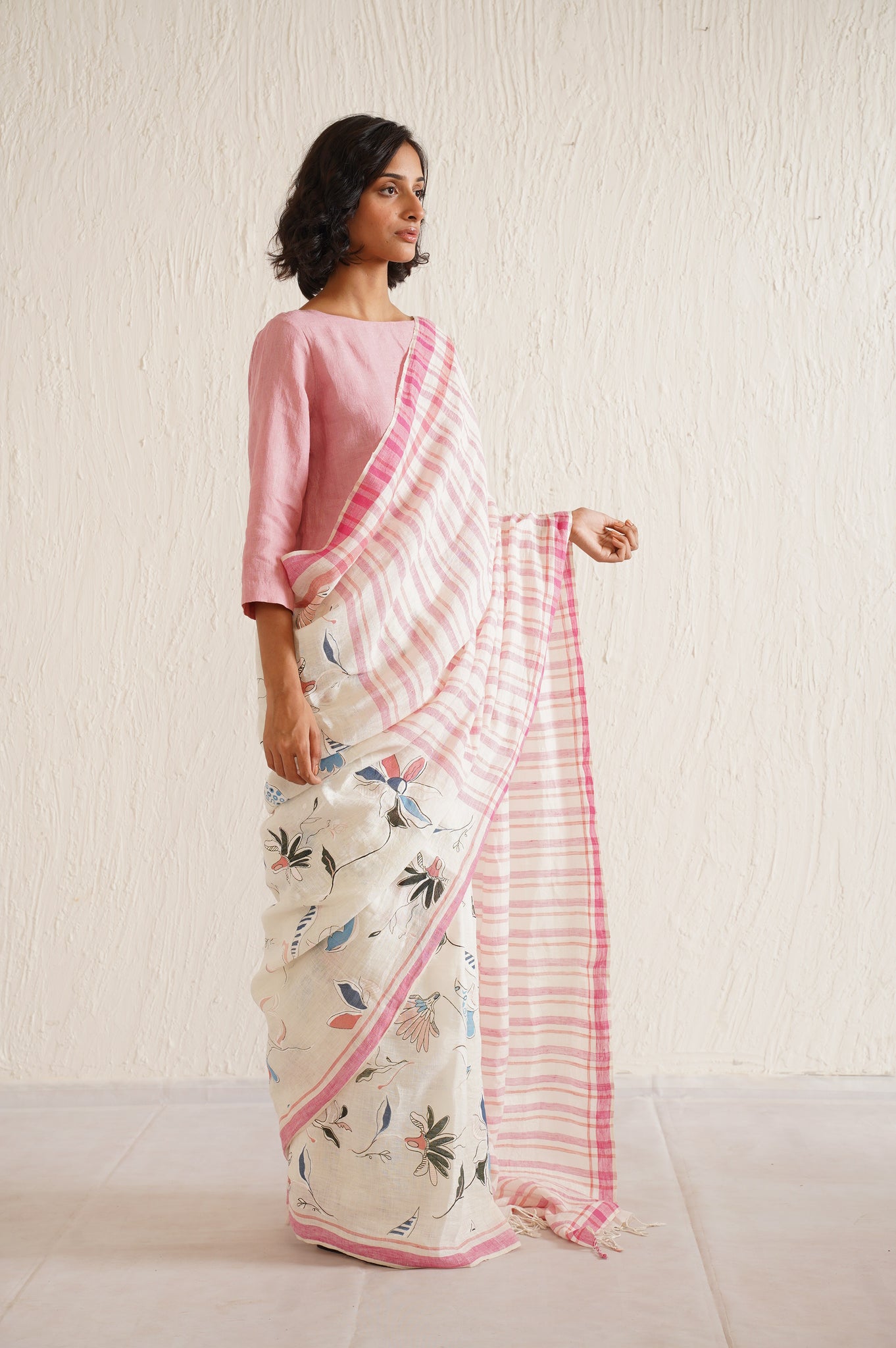 WHITE & PINK CHINTZ SAREE