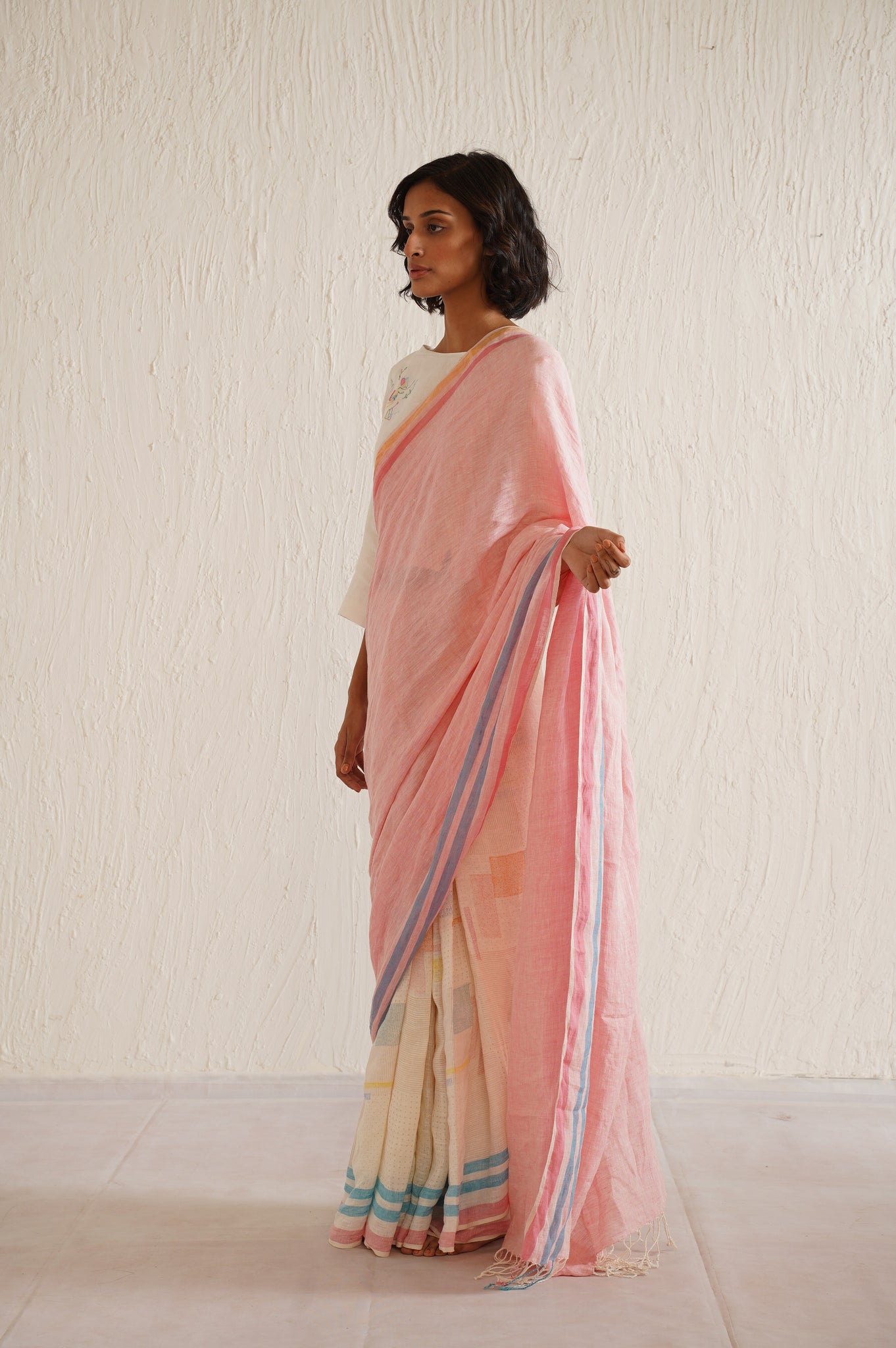 PINK & WHITE HANDBLOCK PRINTED SAREE